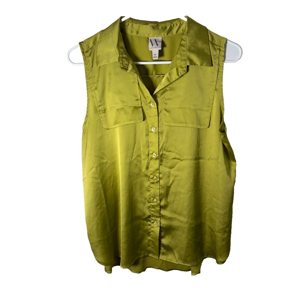 Worthington Tank Top Women's Petite Medium Green Satin Button Up Collared